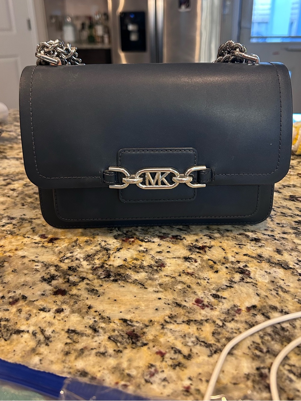 Michael Kors Black Leather Shoulder Bag with Silver MK Chain